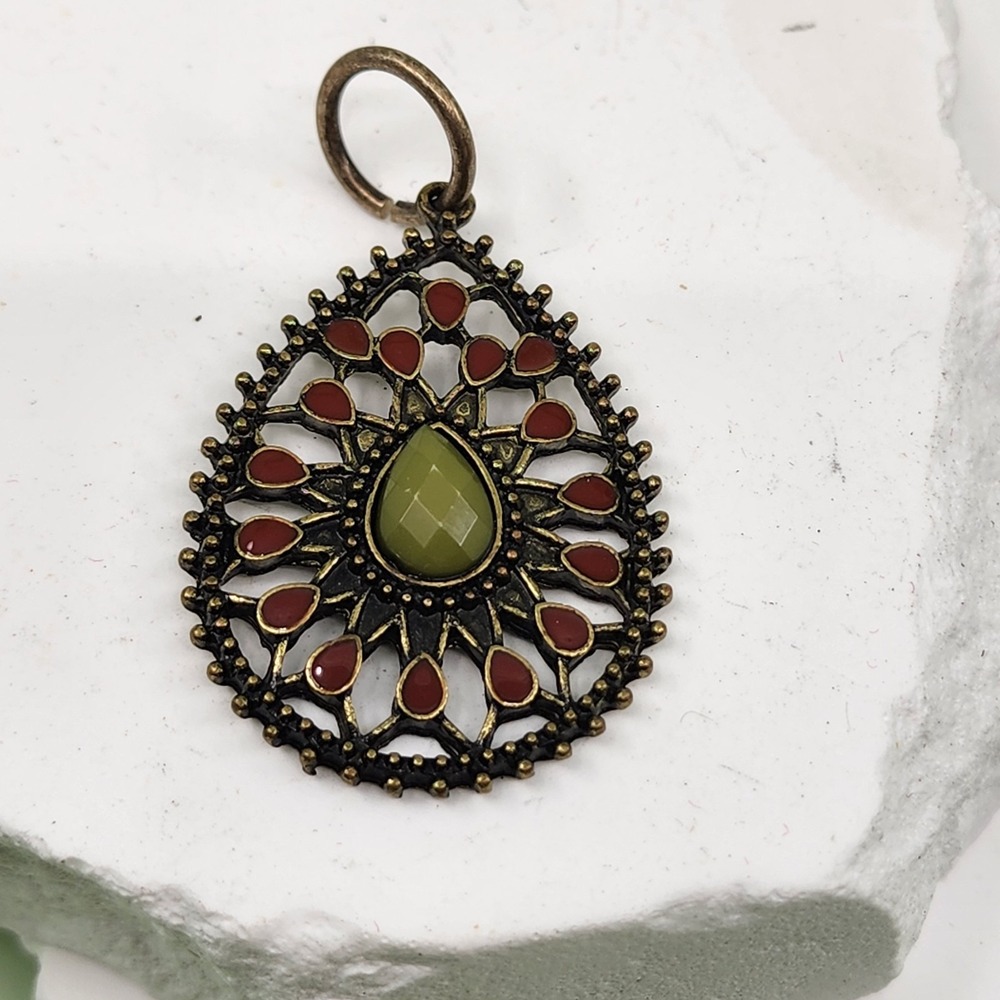Olive Green Red Teardrop Pendant Antique Gold Tone Ornate Boho Statement Jewelry